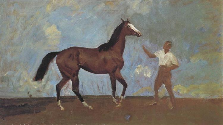 Sir Alfred Munnings,P.R.A The Racehorse 'Amberguity'  Held by Tom Slocombe oil painting image